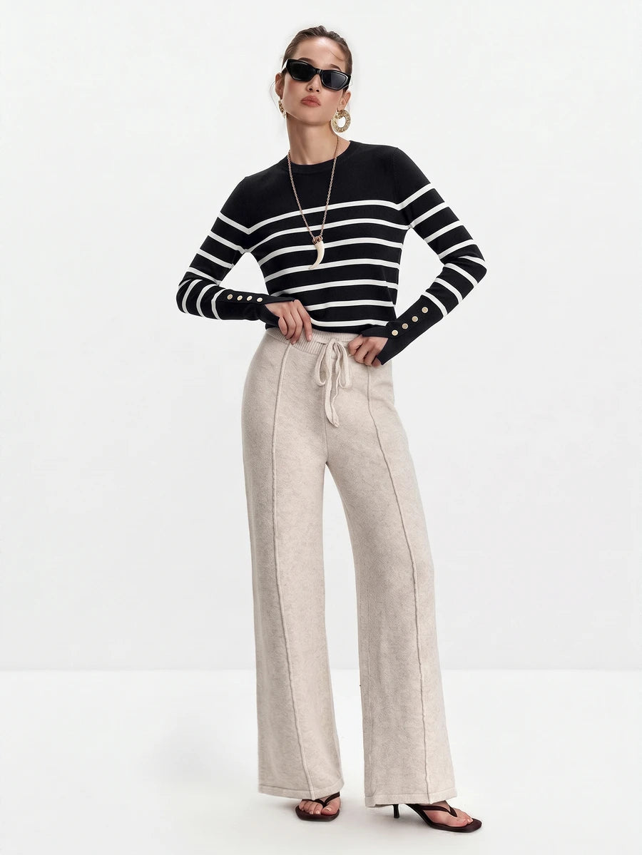 Women's Fine Knit Sweater with Button Cuffs, Lightweight Pullover for Fall Work Casual - Beige