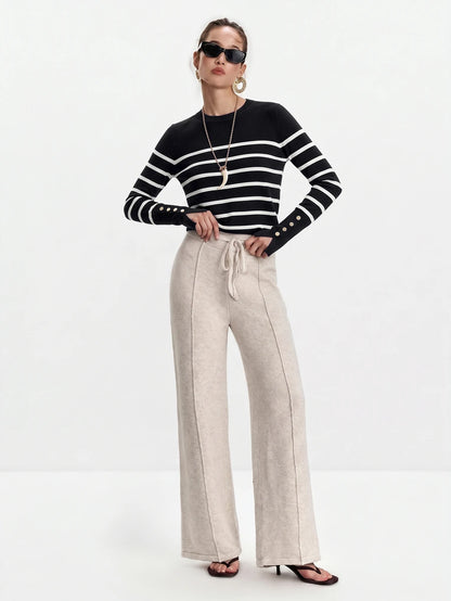 Women's Fine Knit Sweater with Button Cuffs, Lightweight Pullover for Fall Work Casual - Beige
