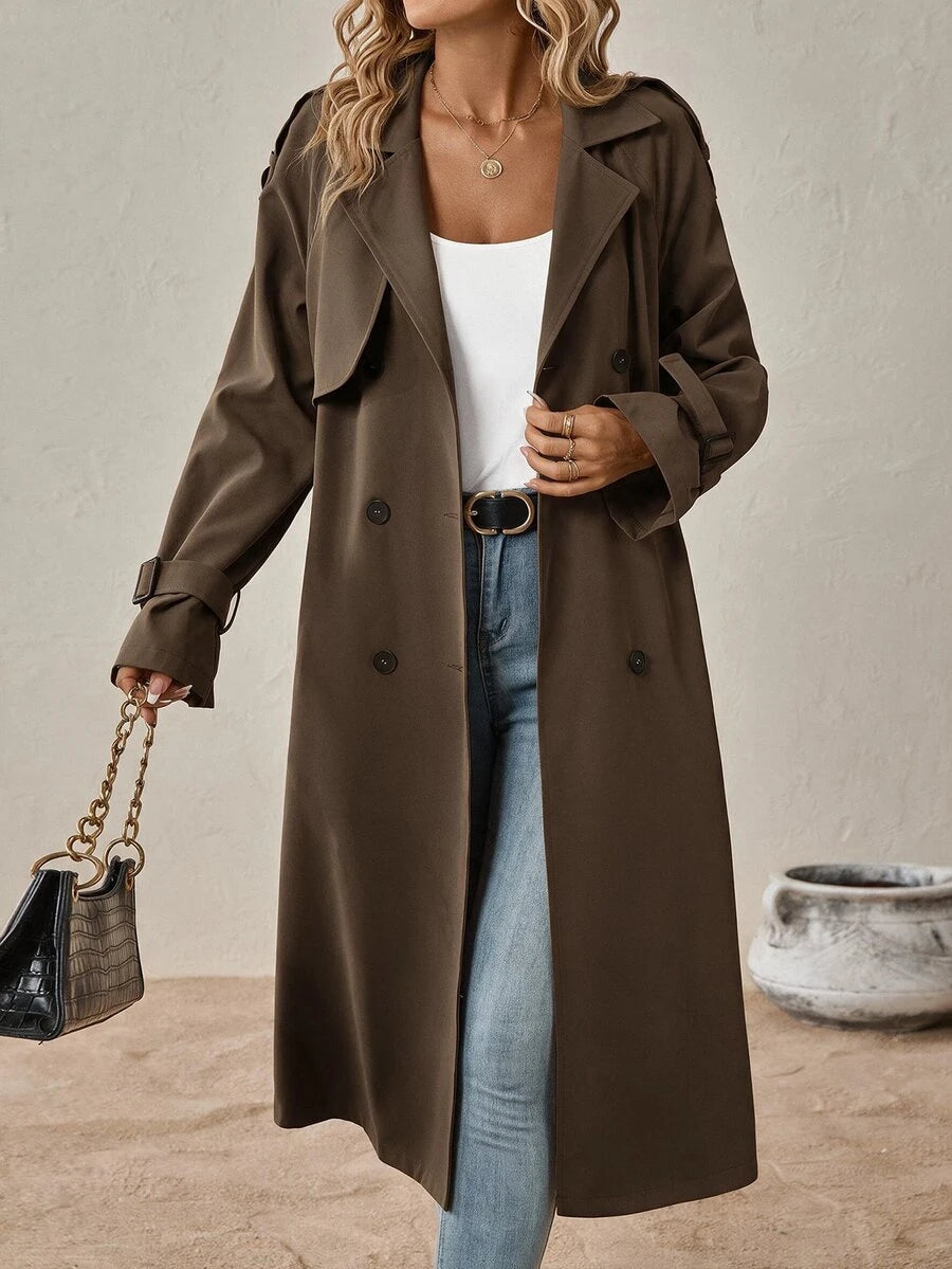 Delia Belted Double Breasted Trench Coat with Raglan Sleeves - Chocolate Brown