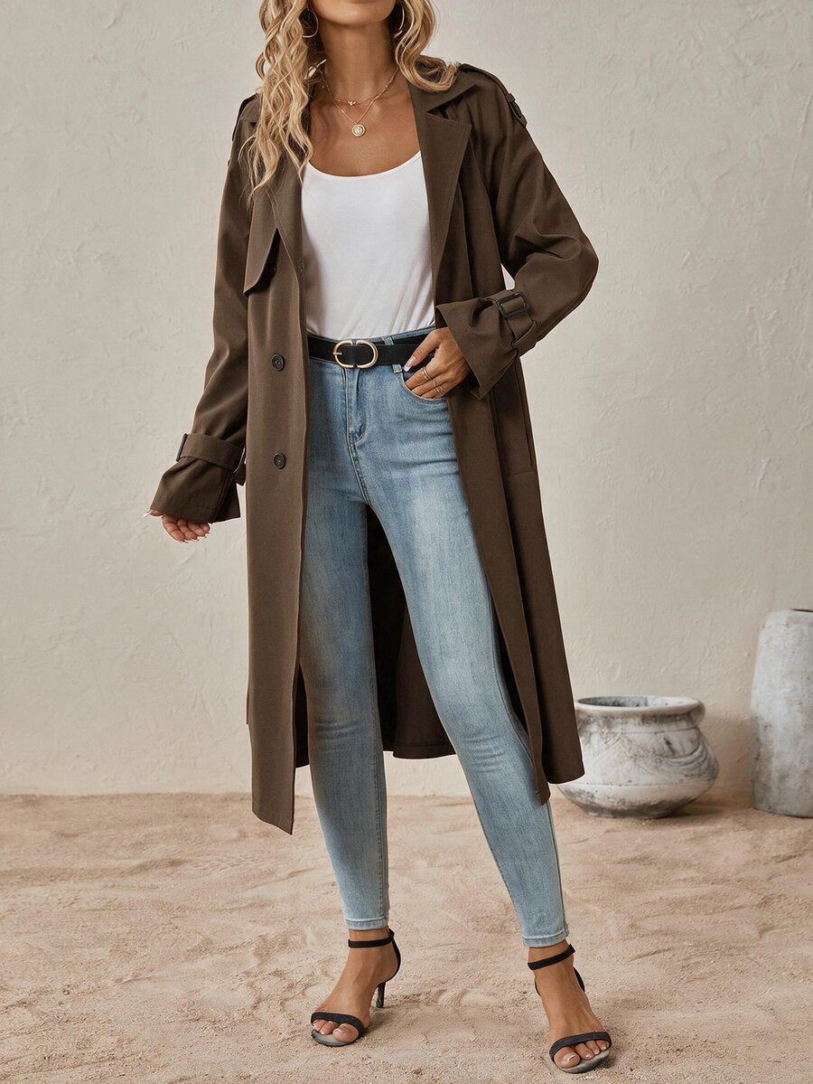Delia Belted Double Breasted Trench Coat with Raglan Sleeves - Chocolate Brown