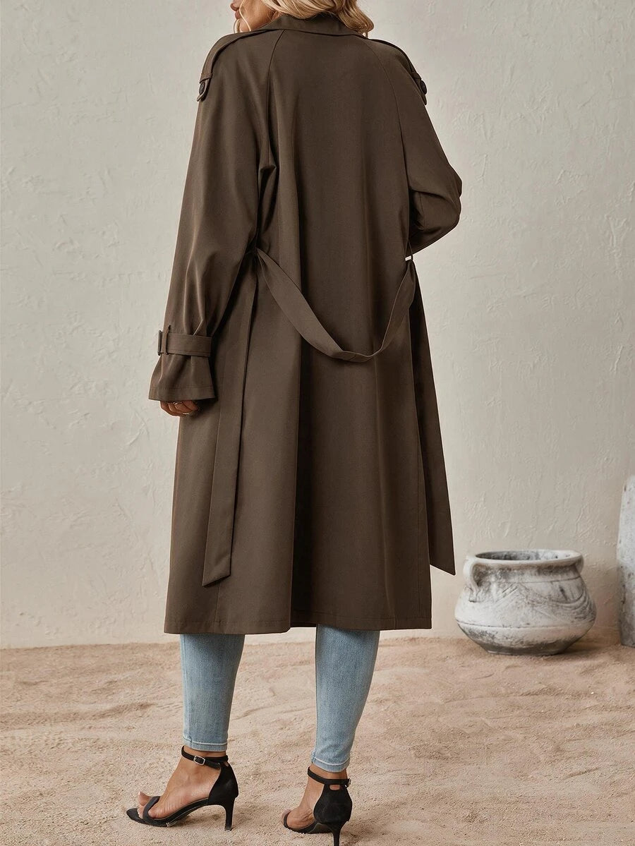 Delia Belted Double Breasted Trench Coat with Raglan Sleeves - Chocolate Brown