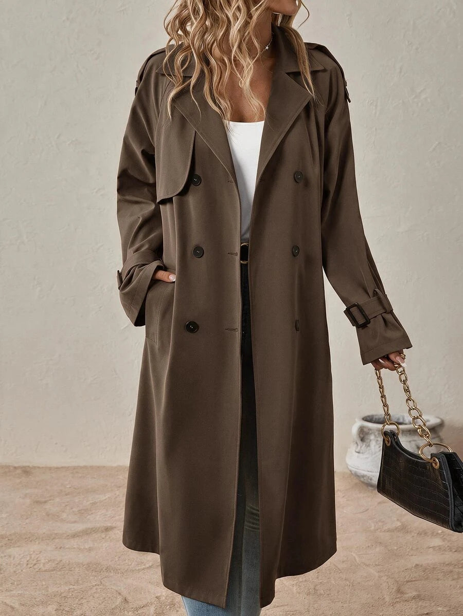 Delia Belted Double Breasted Trench Coat with Raglan Sleeves - Chocolate Brown