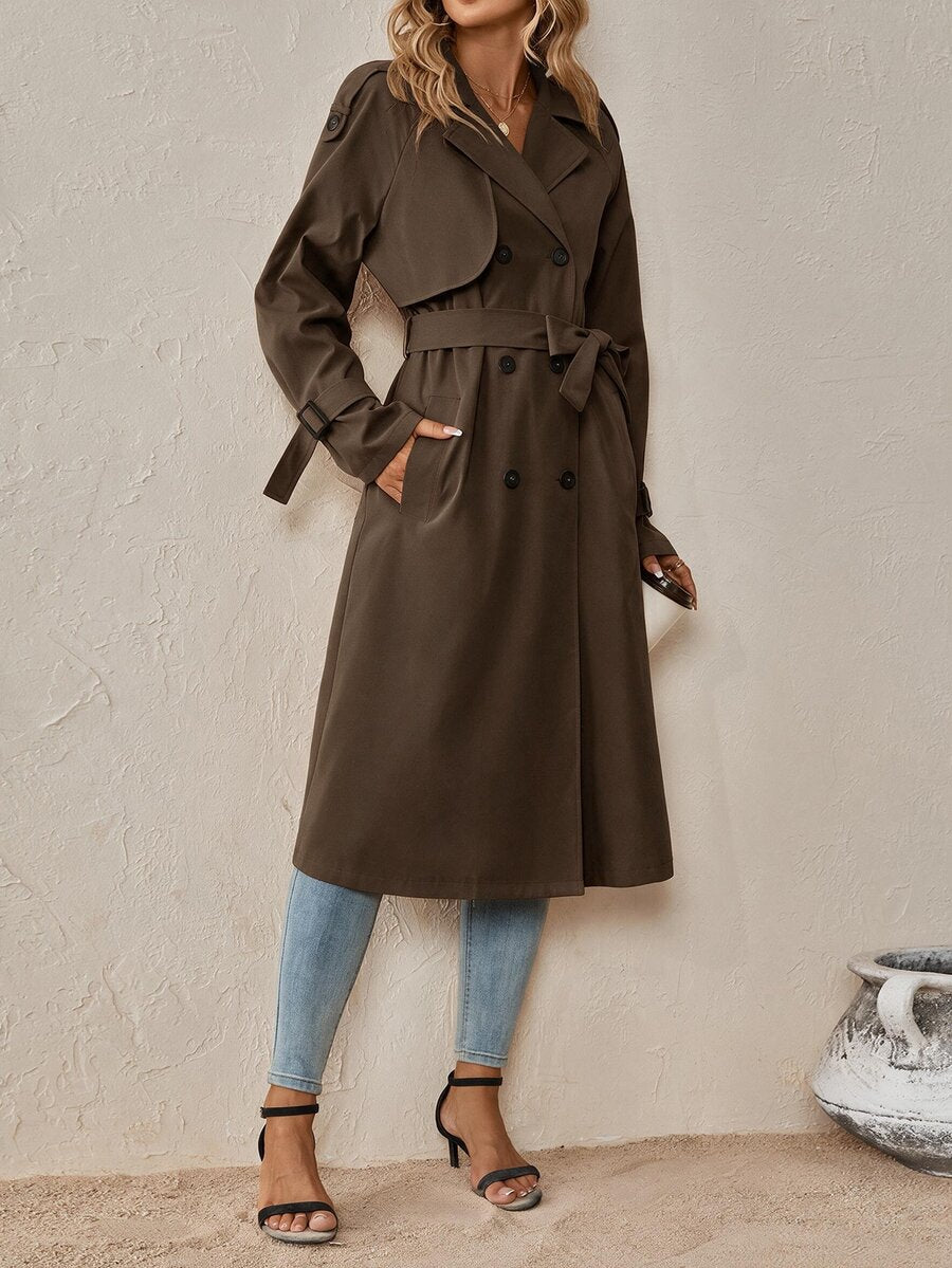 Delia Belted Double Breasted Trench Coat with Raglan Sleeves - Chocolate Brown