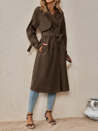Delia Belted Double Breasted Trench Coat with Raglan Sleeves - Chocolate Brown