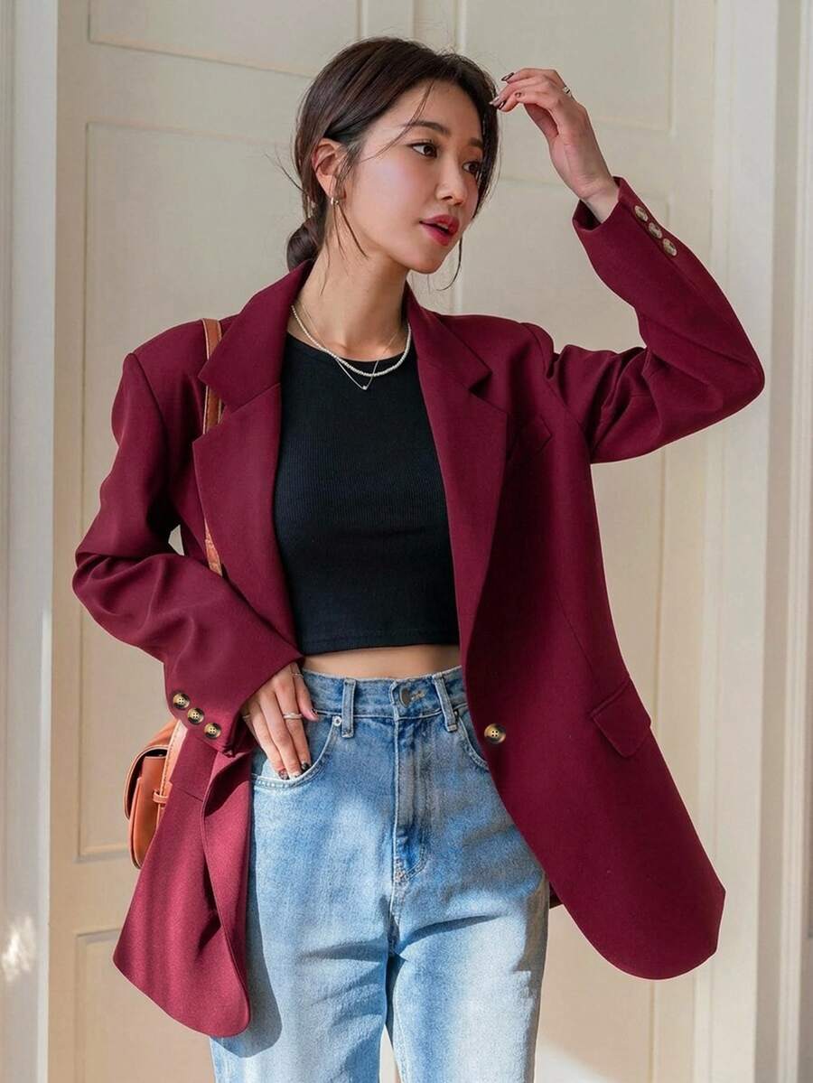 Pimlico Oversized Single Button Notch Lapel Blazer - Burgundy