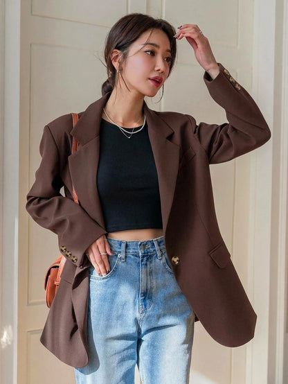 Pimlico Oversized Single Button Notch Lapel Blazer - Brown