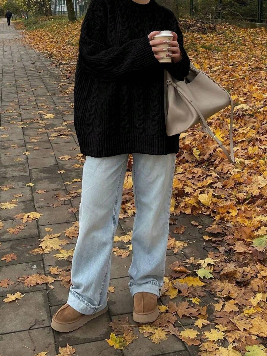 Solenne Oversized Chunky Cable Knit Sweater with Drop Shoulders - Black