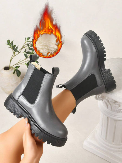 Women's Thick Sole Thermal Lined Boots, Fashionable & Versatile Black Patent Faux Leather Chelsea Ankle Boots, Black Utility Boots For Spring, Autumn & Winter. Suitable For Daily Wear, Parties, Weddings, Paired With Jeans, Dresses, Skirts, Leather, Sweate Mensa