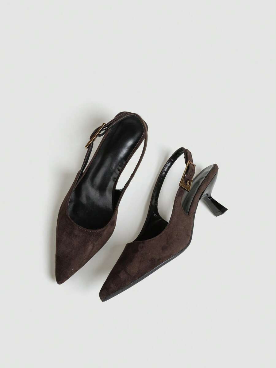 Women's Pointed Toe Slingback Mid Heel Pumps, Glossy Faux Leather Buckle Strap Kitten Heels for Work - Coffee Brown