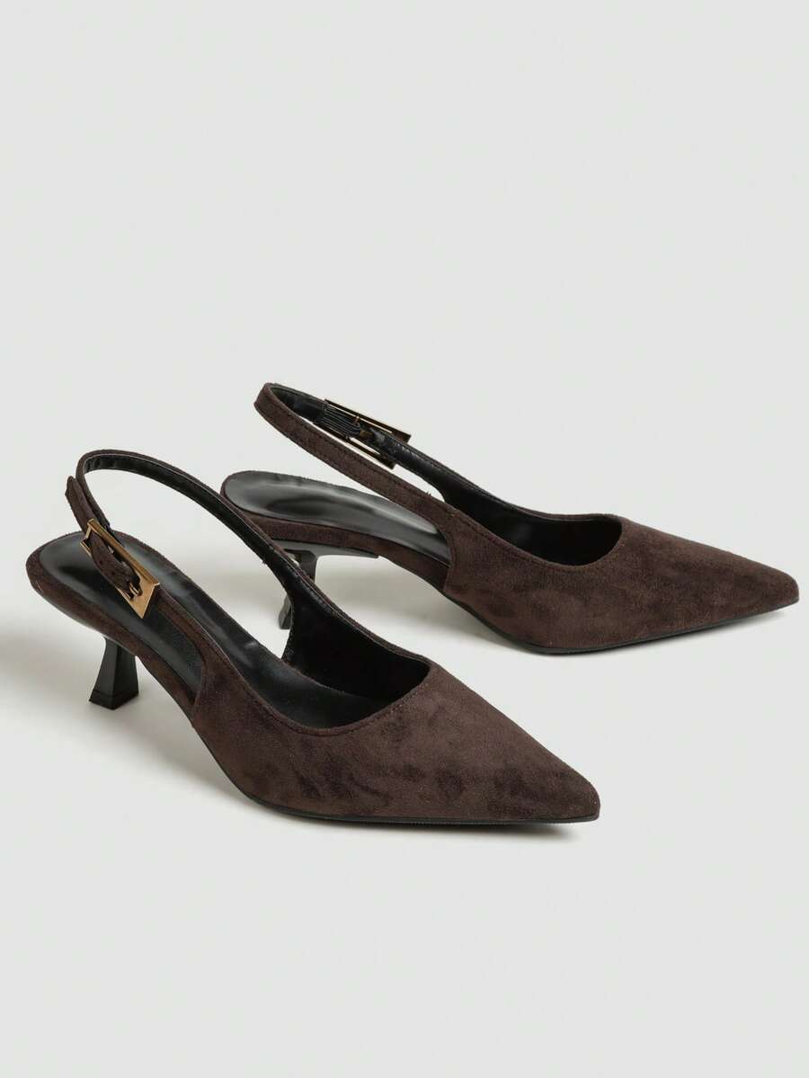 Women's Pointed Toe Slingback Mid Heel Pumps, Glossy Faux Leather Buckle Strap Kitten Heels for Work