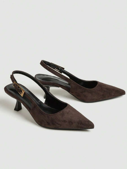 Women's Pointed Toe Slingback Mid Heel Pumps, Glossy Faux Leather Buckle Strap Kitten Heels for Work