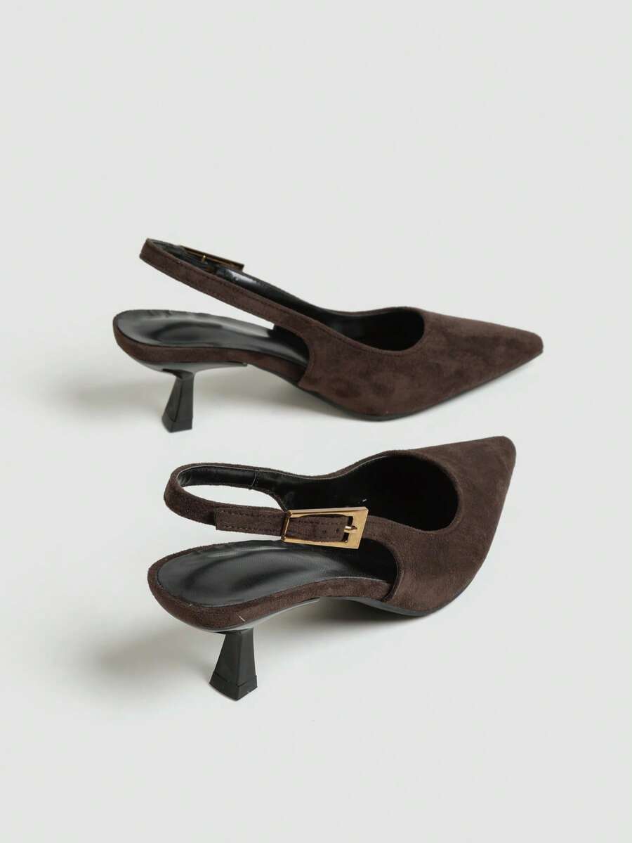 Women's Pointed Toe Slingback Mid Heel Pumps, Glossy Faux Leather Buckle Strap Kitten Heels for Work