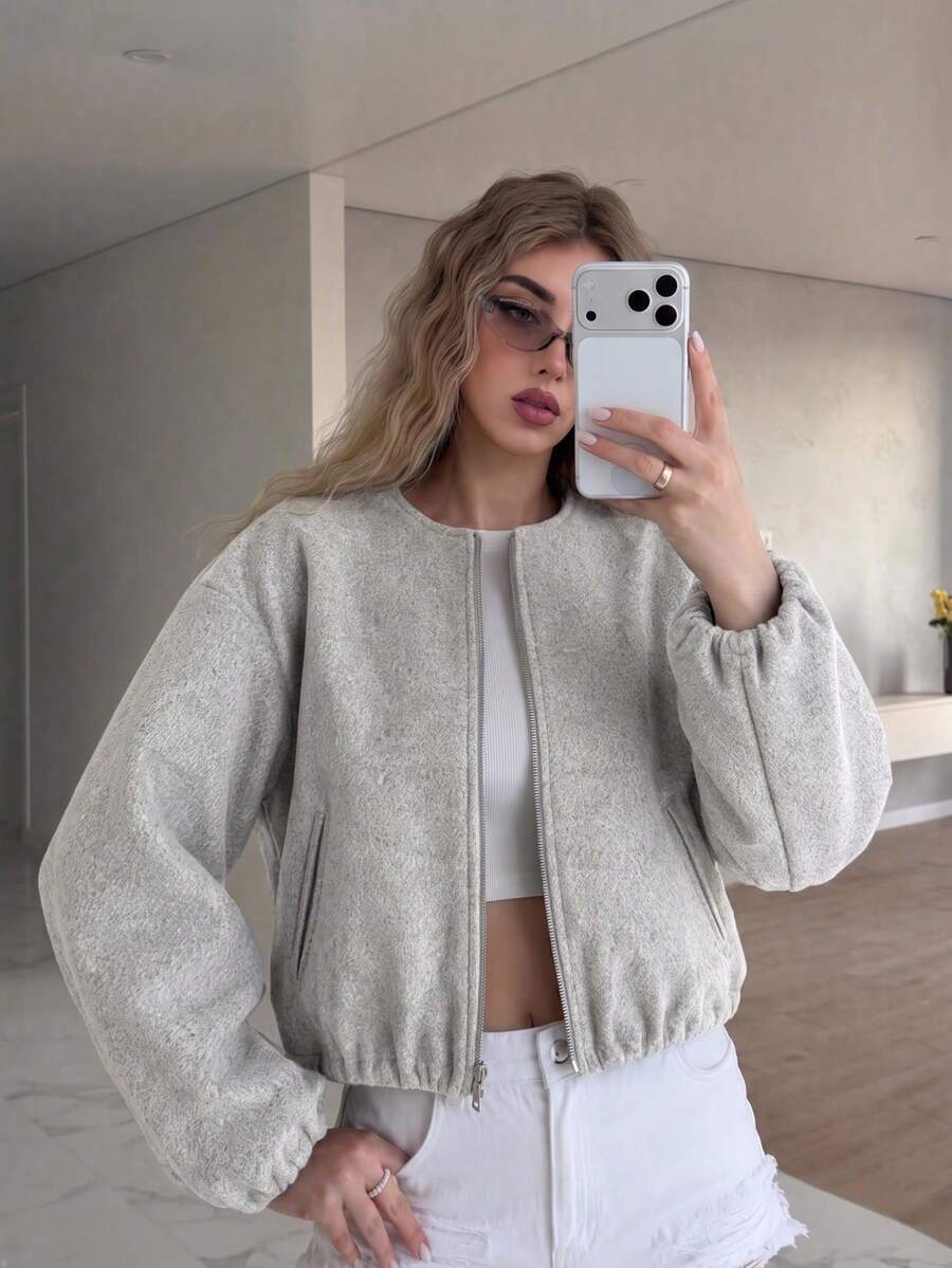 Lillehammer Wool Look Zip Up Cropped Bomber Jacket - Light Grey
