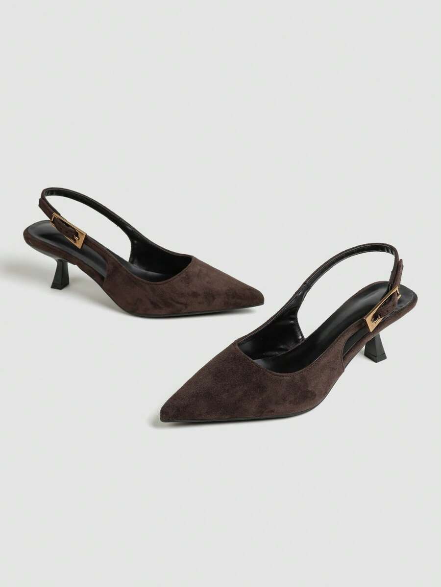 Women's Pointed Toe Slingback Mid Heel Pumps, Glossy Faux Leather Buckle Strap Kitten Heels for Work