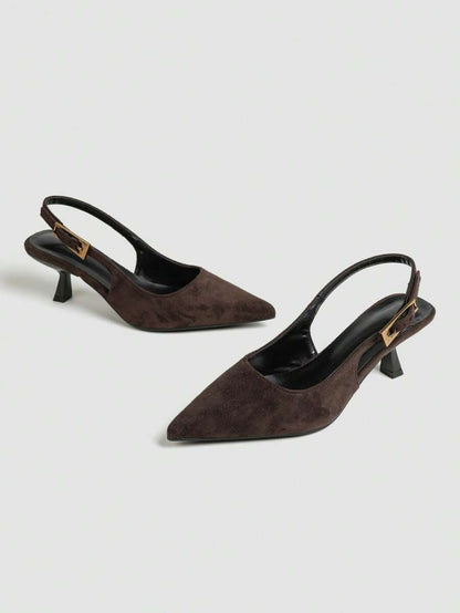 Women's Pointed Toe Slingback Mid Heel Pumps, Glossy Faux Leather Buckle Strap Kitten Heels for Work