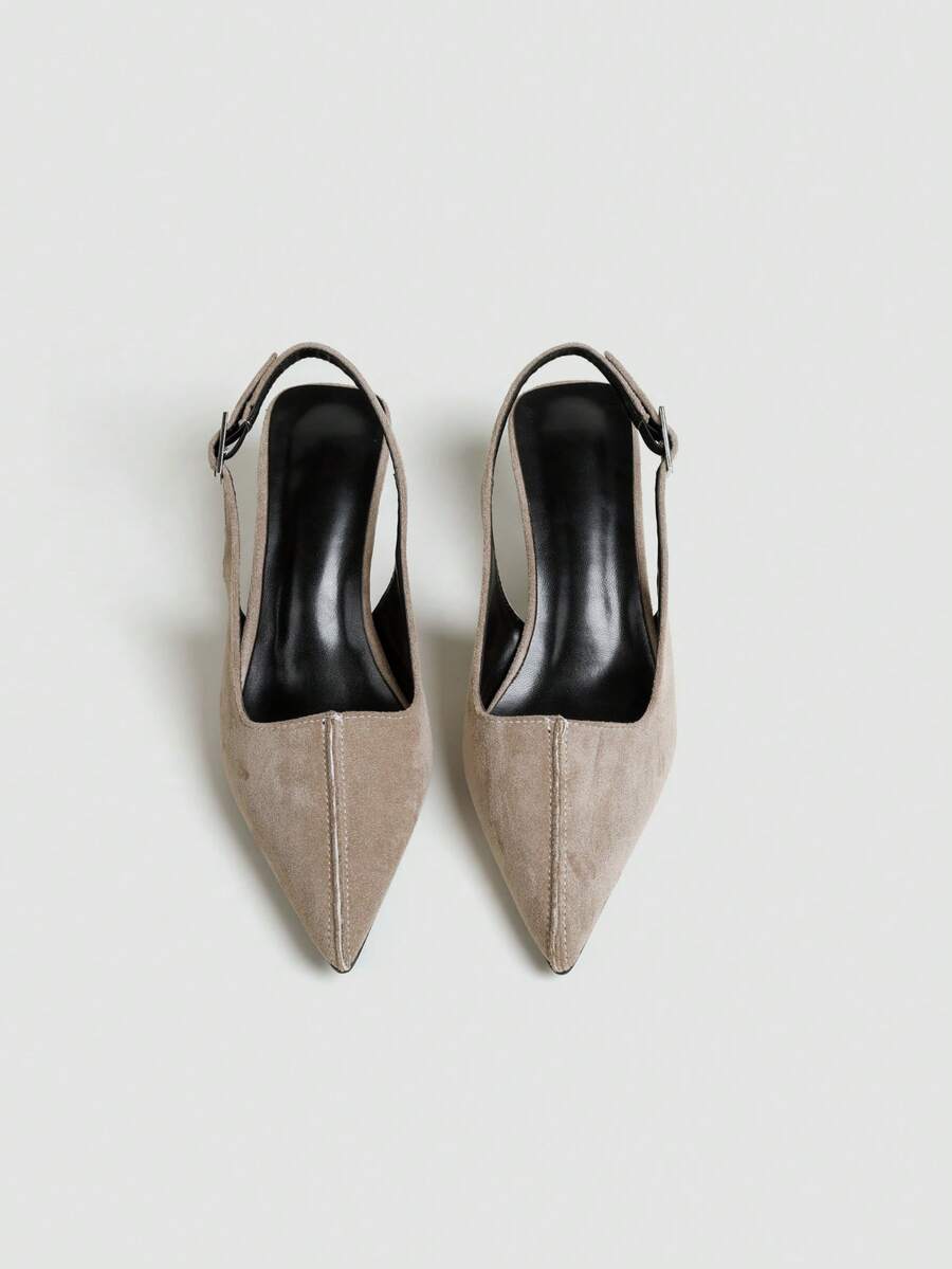 Women's Pointed Toe Slingback Mid Heel Pumps, Glossy Faux Leather Buckle Strap Kitten Heels for Work