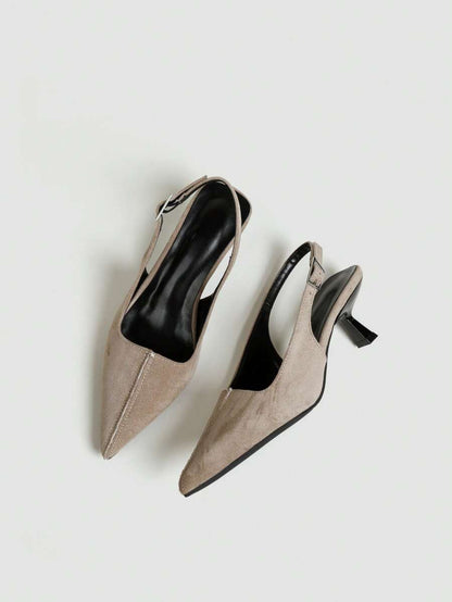 Women's Pointed Toe Slingback Mid Heel Pumps, Glossy Faux Leather Buckle Strap Kitten Heels for Work - Sand