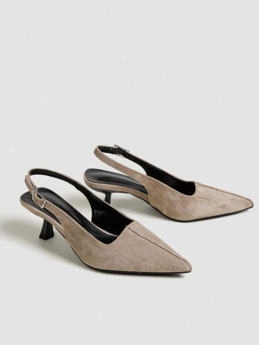 Women's Pointed Toe Slingback Mid Heel Pumps, Glossy Faux Leather Buckle Strap Kitten Heels for Work