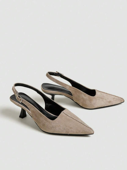 Women's Pointed Toe Slingback Mid Heel Pumps, Glossy Faux Leather Buckle Strap Kitten Heels for Work