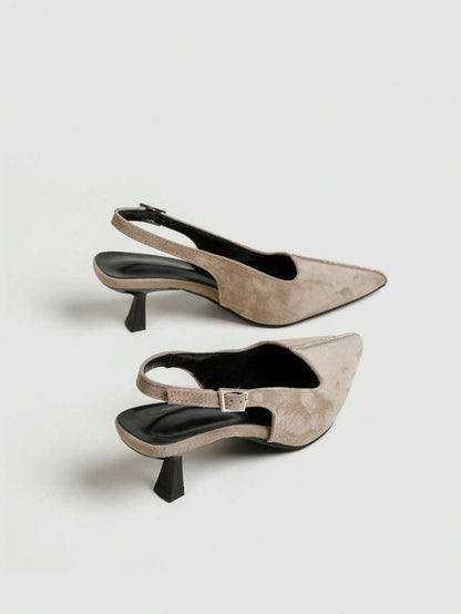 Women's Pointed Toe Slingback Mid Heel Pumps, Glossy Faux Leather Buckle Strap Kitten Heels for Work