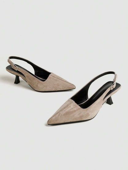 Women's Pointed Toe Slingback Mid Heel Pumps, Glossy Faux Leather Buckle Strap Kitten Heels for Work
