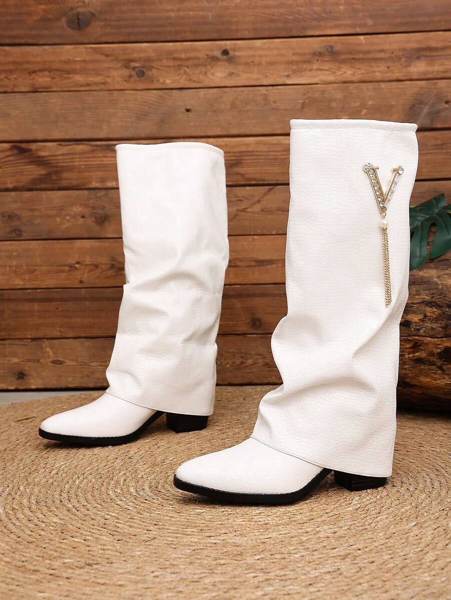 Women's Pleated Loose Boots, Fashion Thick High Heel Pointed Toe Knee-High Dress Boots, Punk Pleated Brown Boots Suitable For Daily, Festival, Versatile,Cowboy Boots Mensa