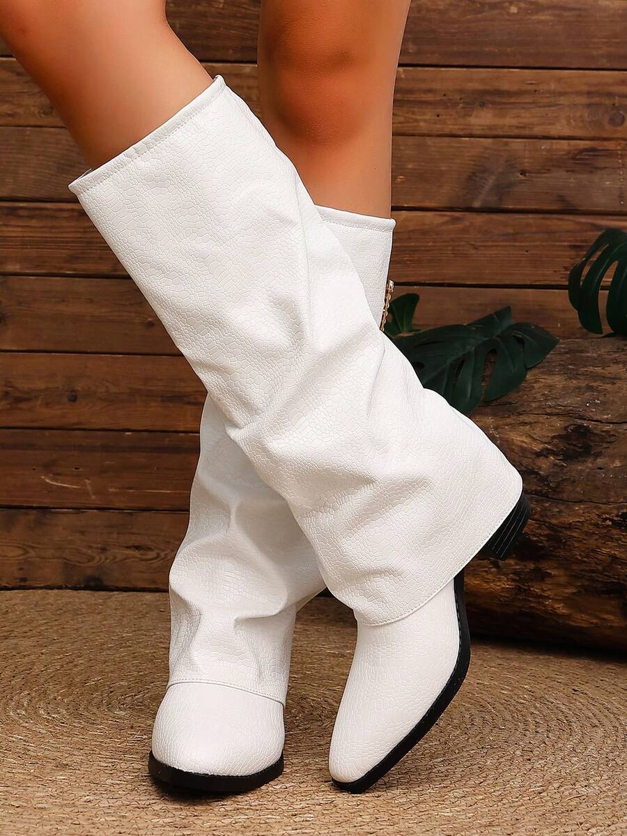 Women's Pleated Loose Boots, Fashion Thick High Heel Pointed Toe Knee-High Dress Boots, Punk Pleated Brown Boots Suitable For Daily, Festival, Versatile,Cowboy Boots Mensa