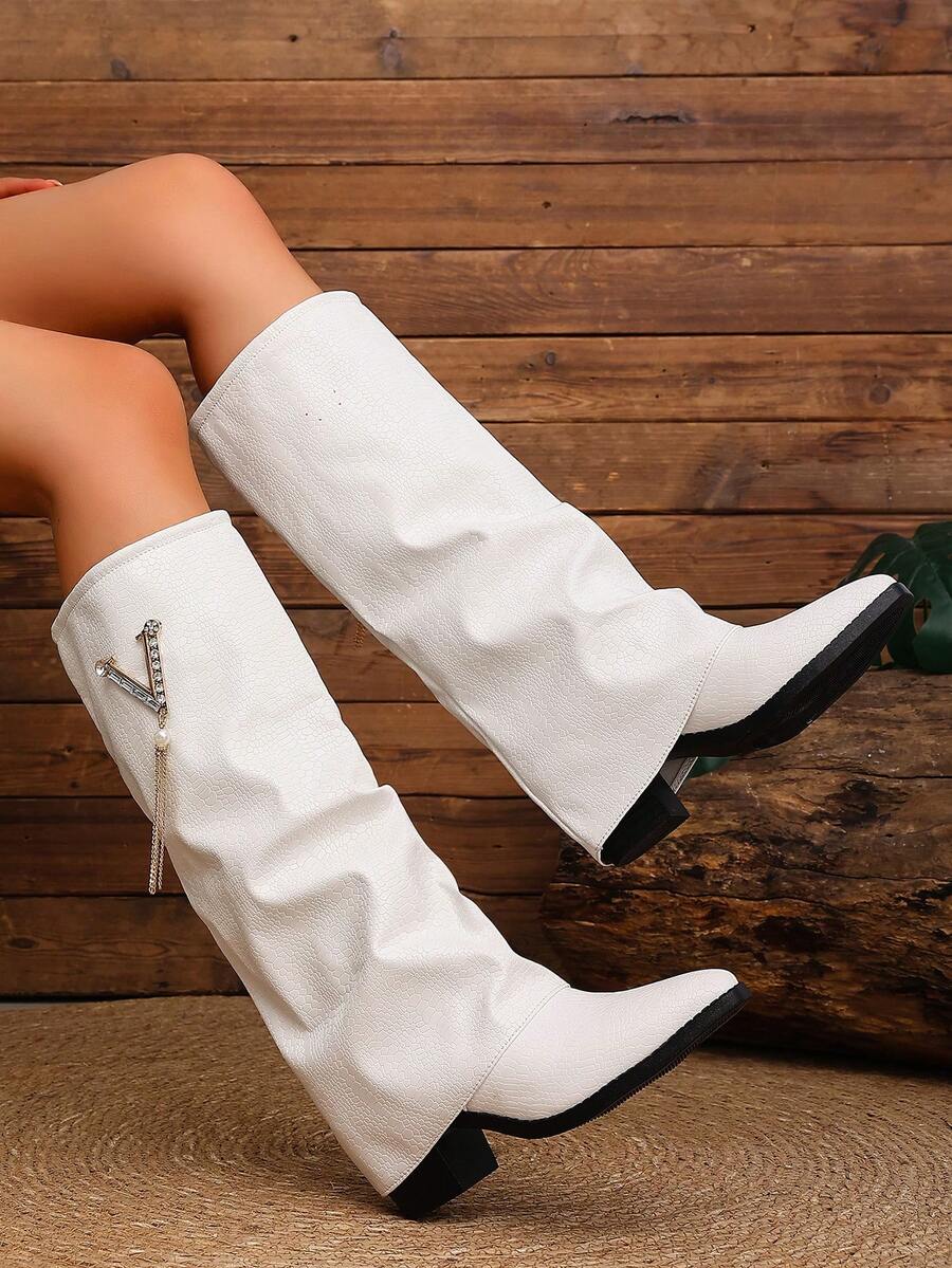 Women's Pleated Loose Boots, Fashion Thick High Heel Pointed Toe Knee-High Dress Boots, Punk Pleated Brown Boots Suitable For Daily, Festival, Versatile,Cowboy Boots Mensa