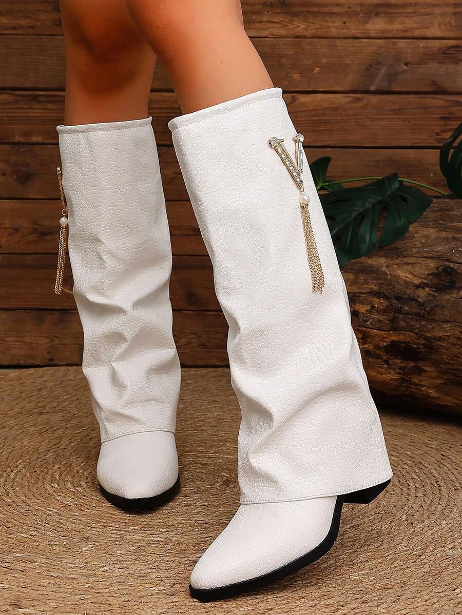 Women's Pleated Loose Boots, Fashion Thick High Heel Pointed Toe Knee-High Dress Boots, Punk Pleated Brown Boots Suitable For Daily, Festival, Versatile,Cowboy Boots Mensa