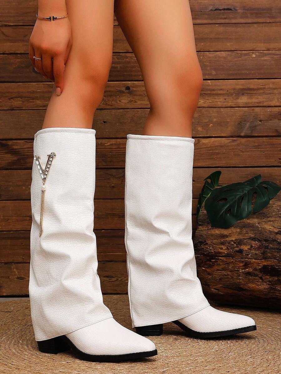 Women's Pleated Loose Boots, Fashion Thick High Heel Pointed Toe Knee-High Dress Boots, Punk Pleated Brown Boots Suitable For Daily, Festival, Versatile,Cowboy Boots Mensa