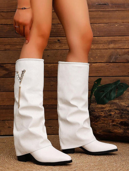 Women's Pleated Loose Boots, Fashion Thick High Heel Pointed Toe Knee-High Dress Boots, Punk Pleated Brown Boots Suitable For Daily, Festival, Versatile,Cowboy Boots Mensa