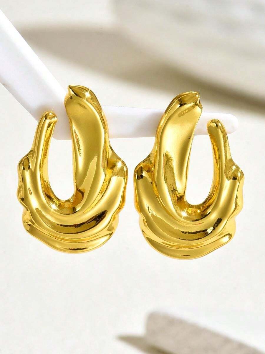 Women's Asymmetrical Gold Drop Earrings, Wavy Metal Hook Statement Earrings, Minimalist Everyday Jewelry