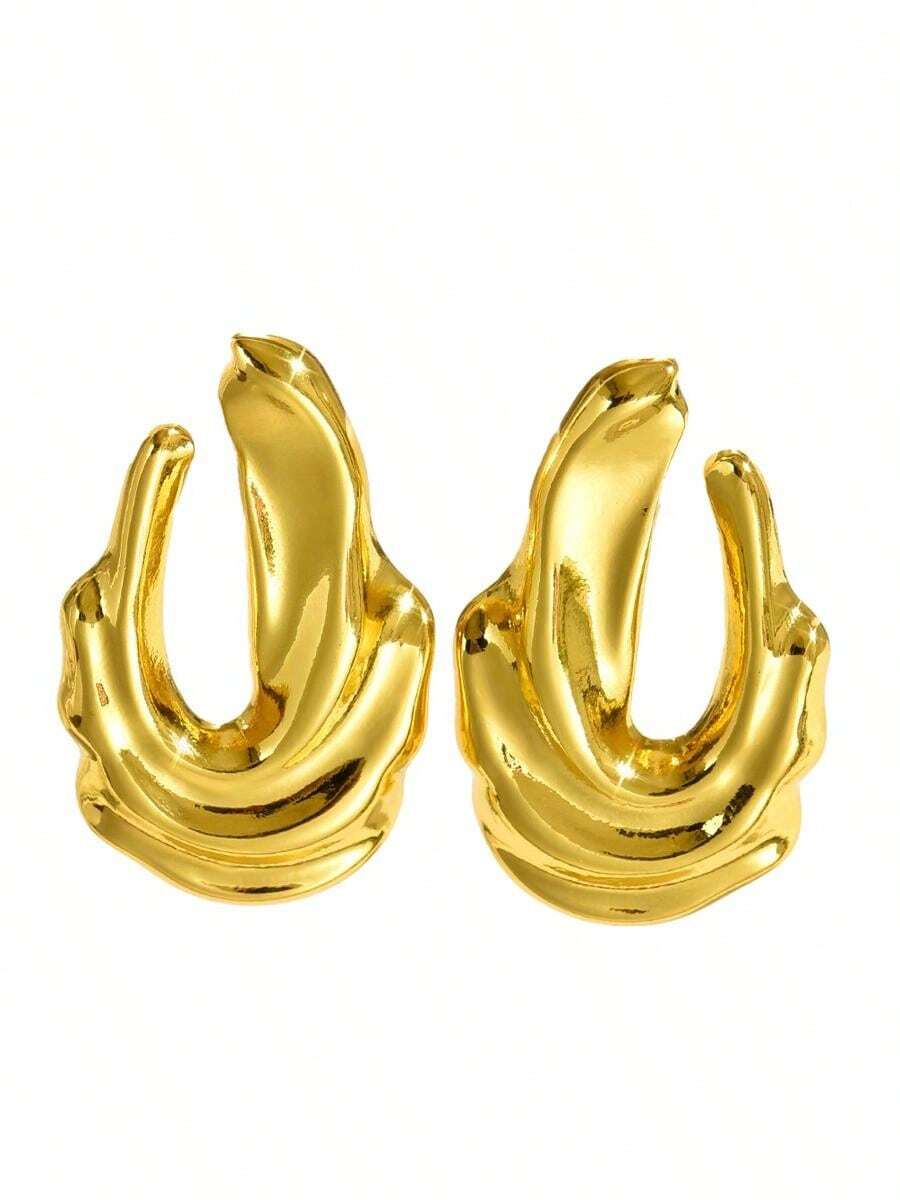 Women's Asymmetrical Gold Drop Earrings, Wavy Metal Hook Statement Earrings, Minimalist Everyday Jewelry