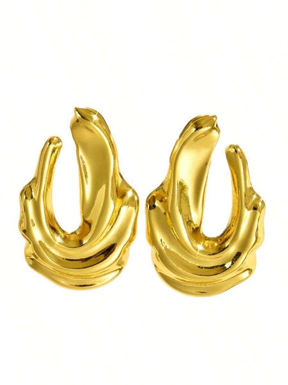 Women's Asymmetrical Gold Drop Earrings, Wavy Metal Hook Statement Earrings, Minimalist Everyday Jewelry