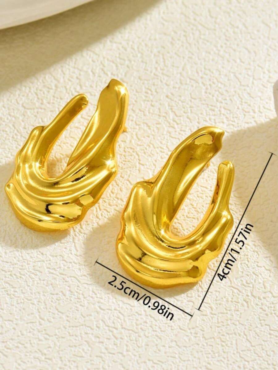 Women's Asymmetrical Gold Drop Earrings, Wavy Metal Hook Statement Earrings, Minimalist Everyday Jewelry