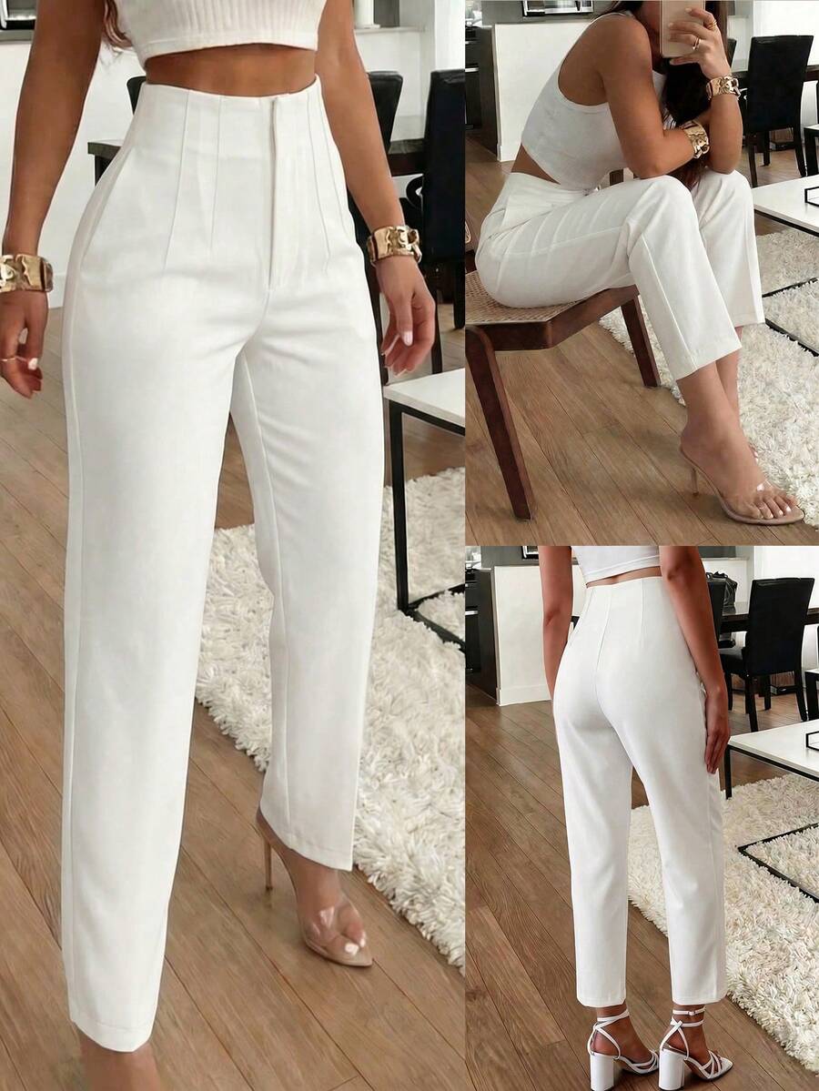 Women's Pleated Tapered Ankle Trousers, Stretch Dress Pants for Work Office - White