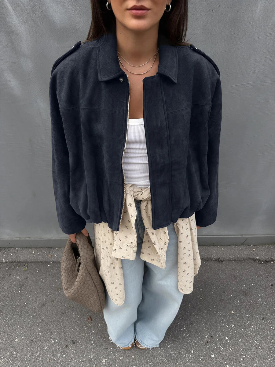 Sabrina Faux Suede Oversized Cropped Collared Jacket - Navy Blue