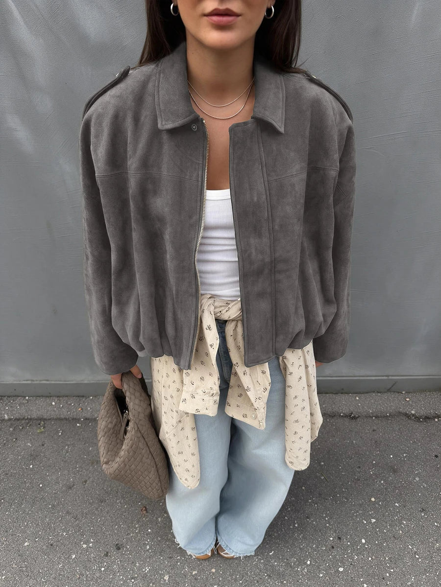 Sabrina Faux Suede Oversized Cropped Collared Jacket - Charcoal Grey