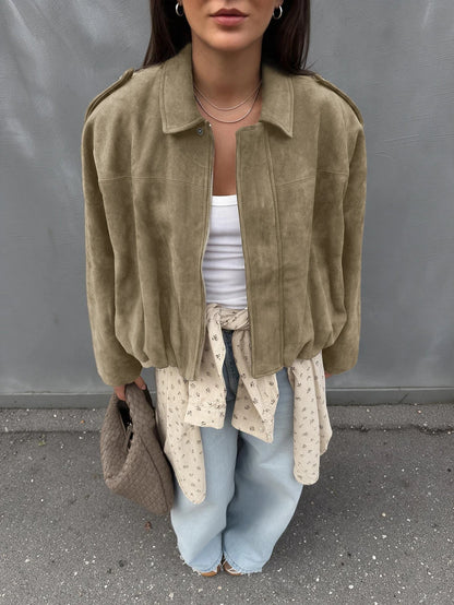Sabrina Faux Suede Oversized Cropped Collared Jacket - Khaki
