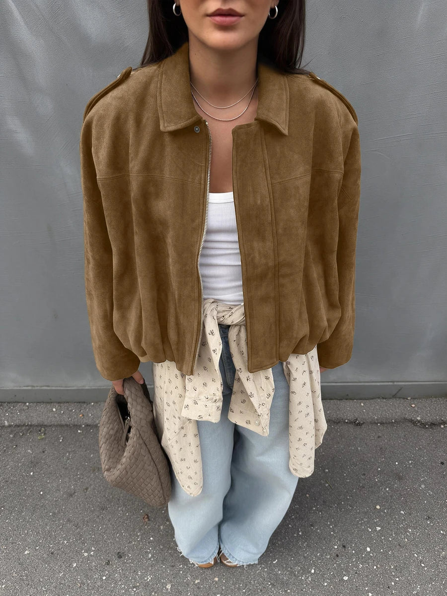 Sabrina Faux Suede Oversized Cropped Collared Jacket - Camel