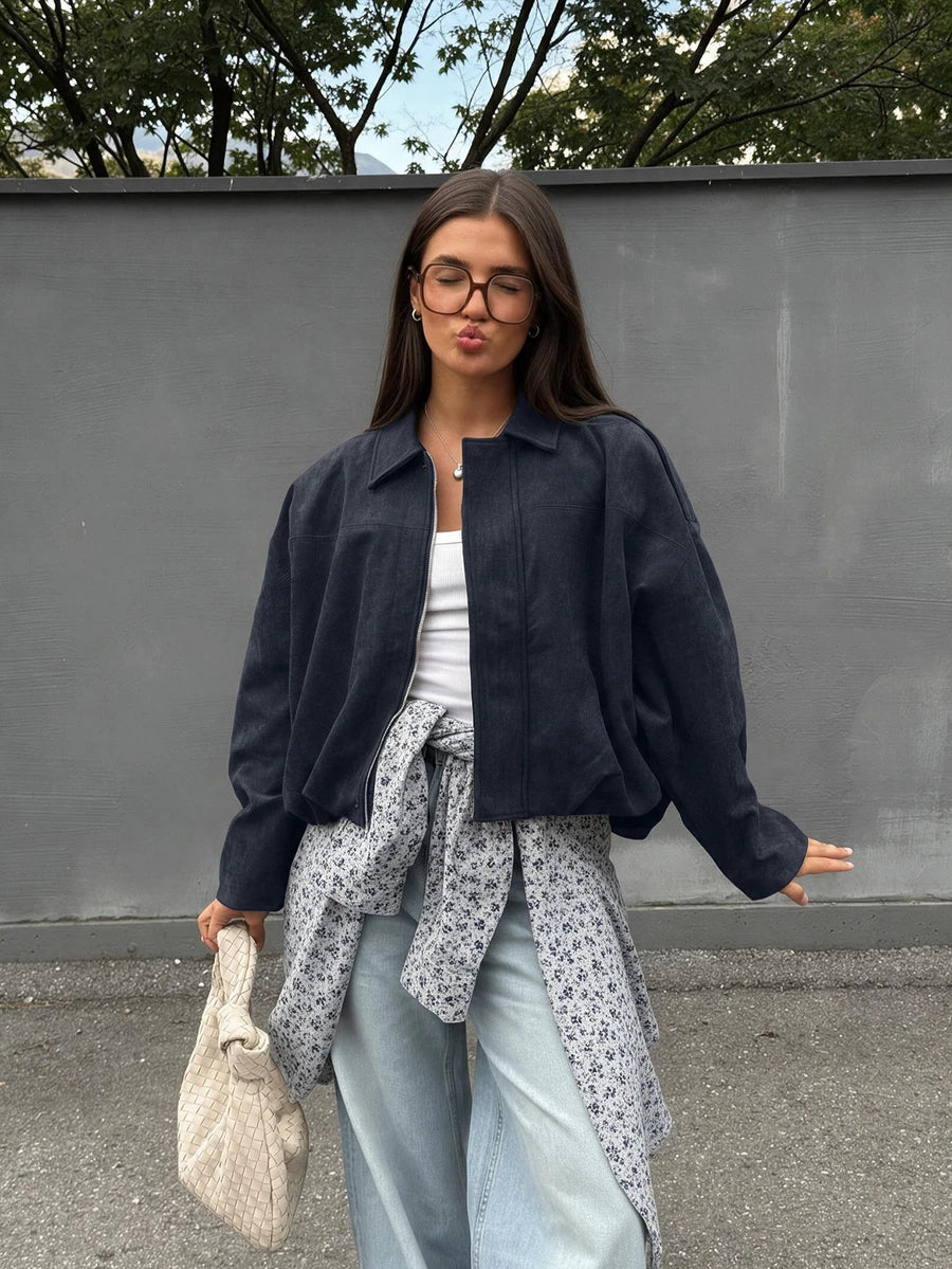 Sabrina Faux Suede Oversized Cropped Collared Jacket - Navy Blue