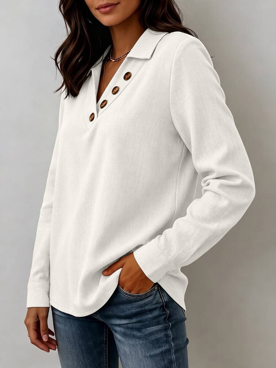 Clementine Collared V-Neck Button Detail Textured Long Sleeve Top - White