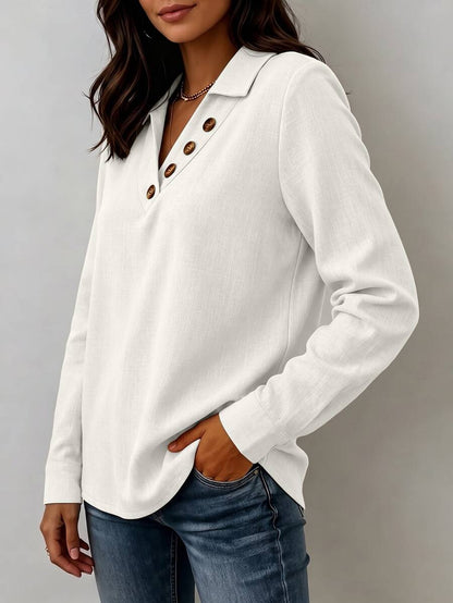 Clementine Collared V-Neck Button Detail Textured Long Sleeve Top - White