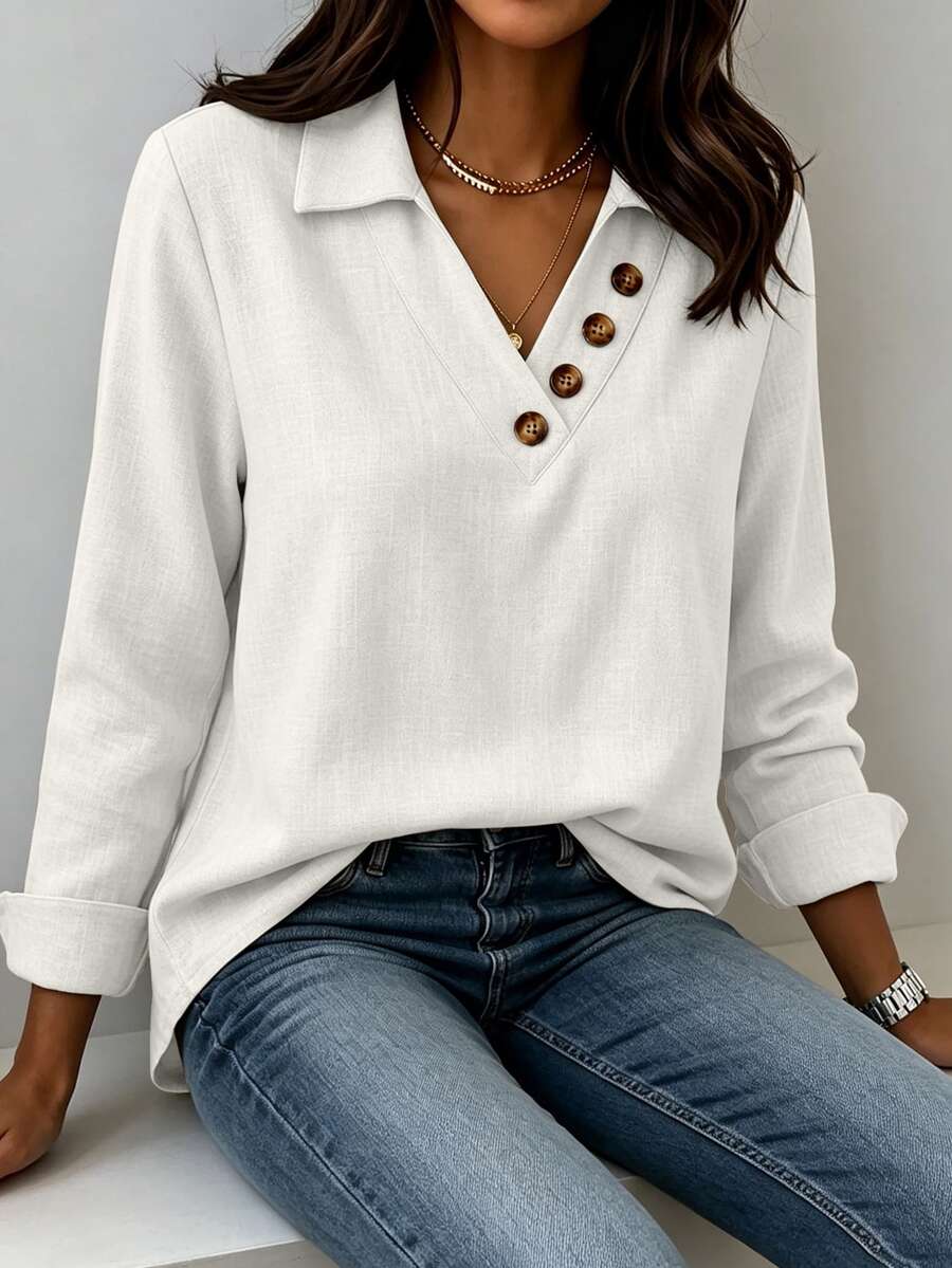 Clementine Collared V-Neck Button Detail Textured Long Sleeve Top - White