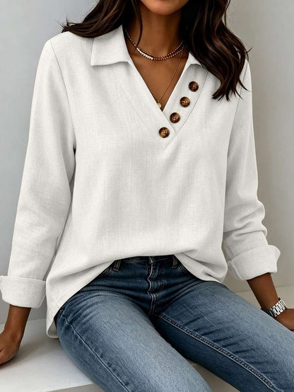 Clementine Collared V-Neck Button Detail Textured Long Sleeve Top - White