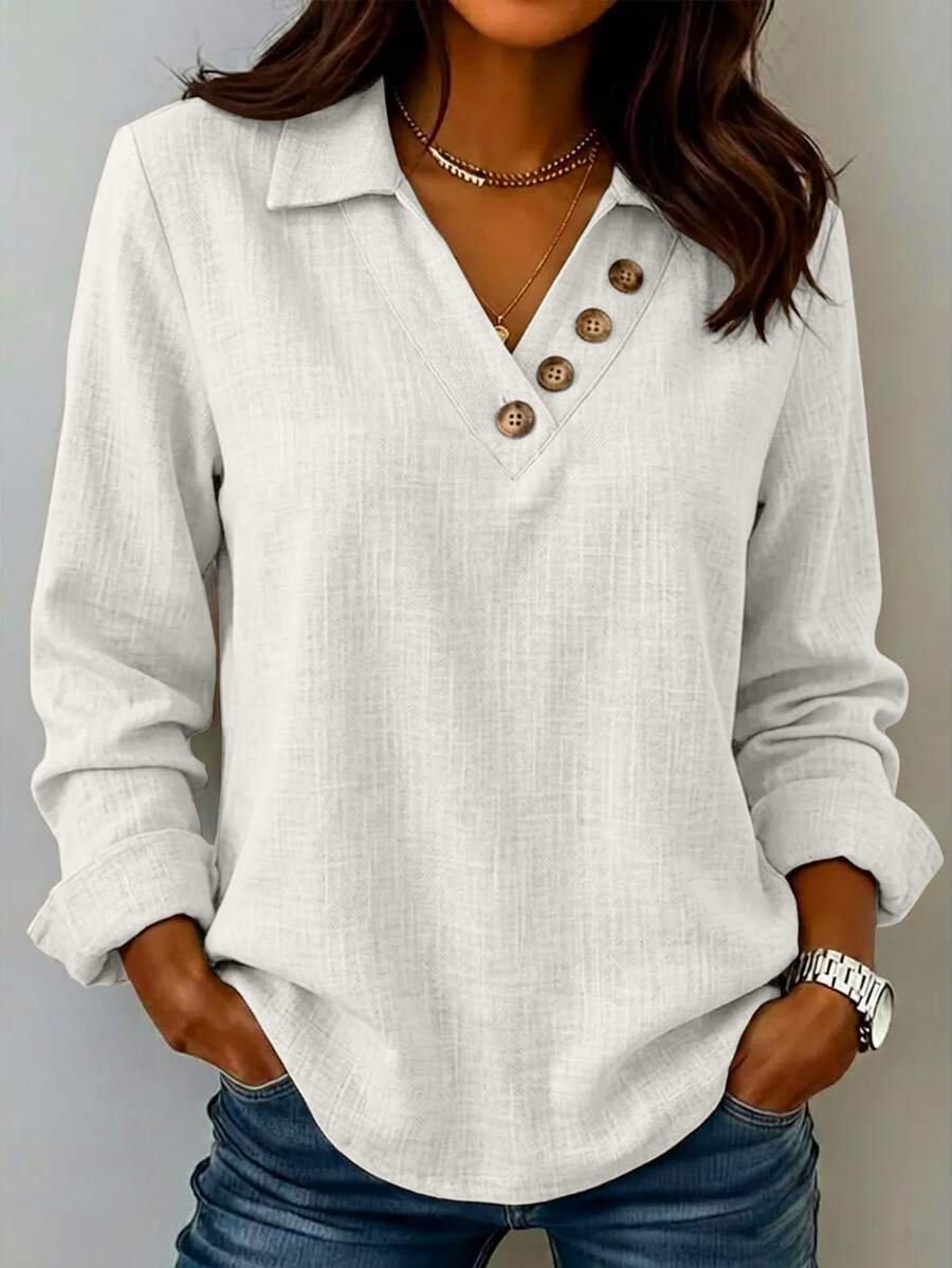 Clementine Collared V-Neck Button Detail Textured Long Sleeve Top - White