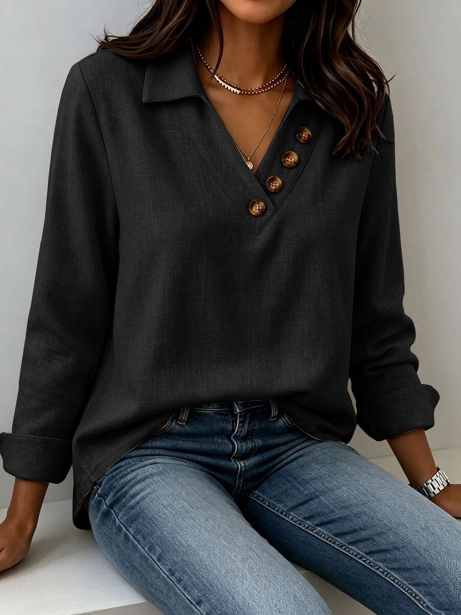 Clementine Collared V-Neck Button Detail Textured Long Sleeve Top - Black