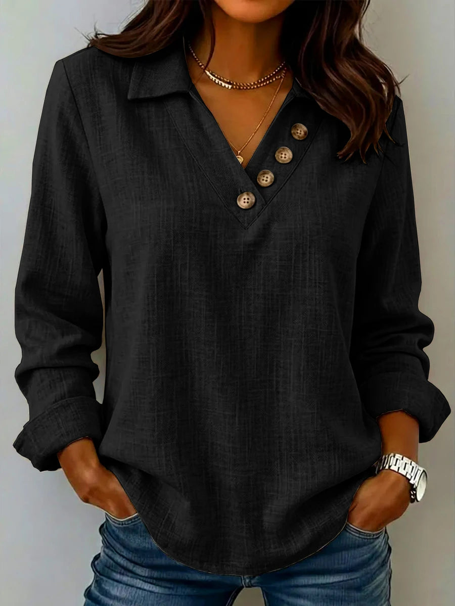 Clementine Collared V-Neck Button Detail Textured Long Sleeve Top - Black