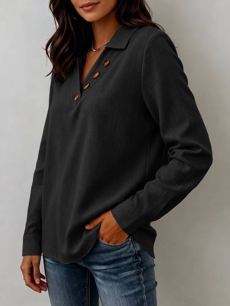 Clementine Collared V-Neck Button Detail Textured Long Sleeve Top - Black