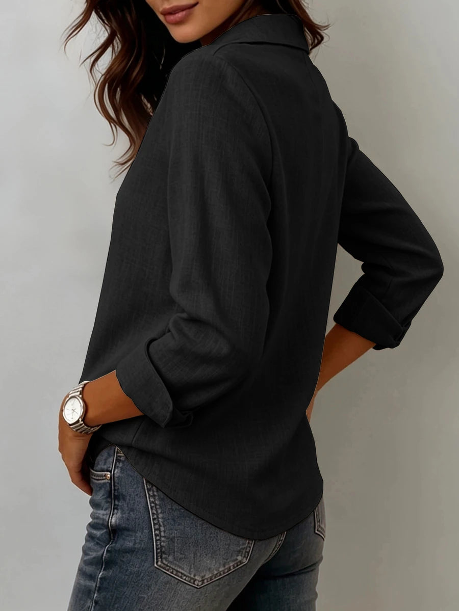 Clementine Collared V-Neck Button Detail Textured Long Sleeve Top - Black